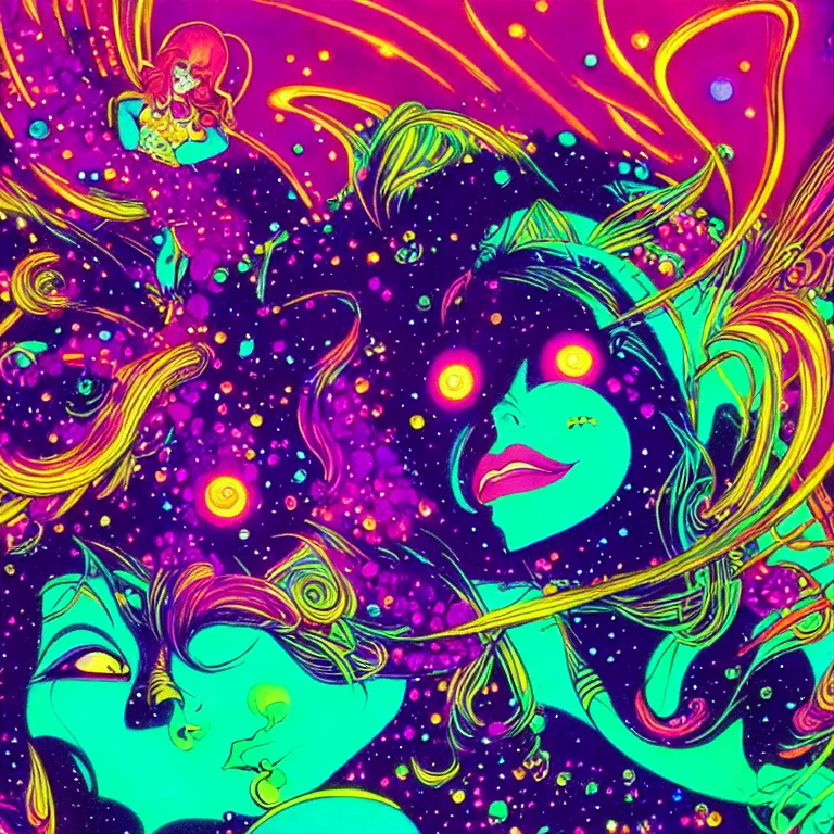 Prompt: cosmic girl, medium close - up, infinite crystal ascent, bright neon colors, highly detailed, cinematic, eyvind earle, tim white, philippe druillet, roger dean, lisa frank, aubrey beardsley