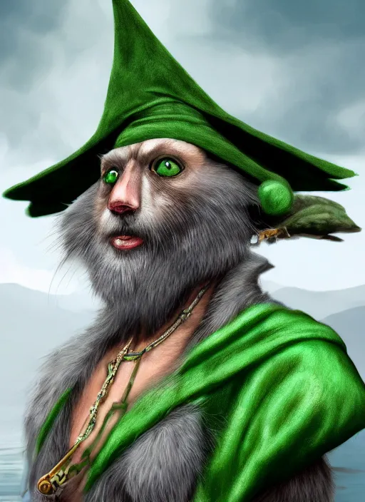 Image similar to a bearded gray humanoid rat with jewelry, green eyes, tricorne hat, green robe, D&D, digital art, realistic, trending on artstation, 4k, sea in the background