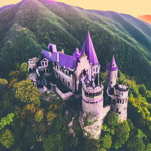 Image similar to dark gothic castle on an high mountain near the ocean. gradient purple sky. aerial photography, flintlock fantasy