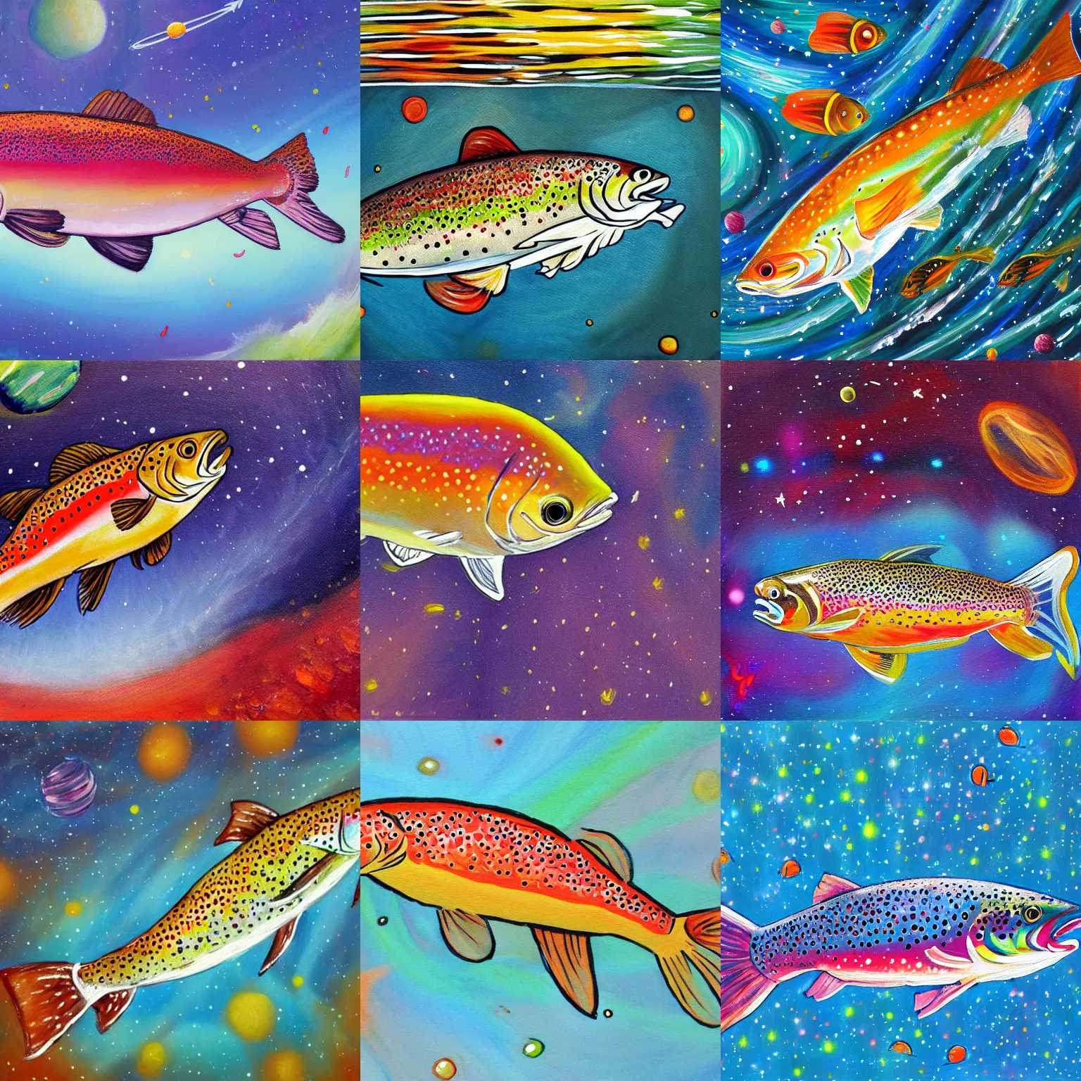 Image similar to a painting of a trout swimming in outer space