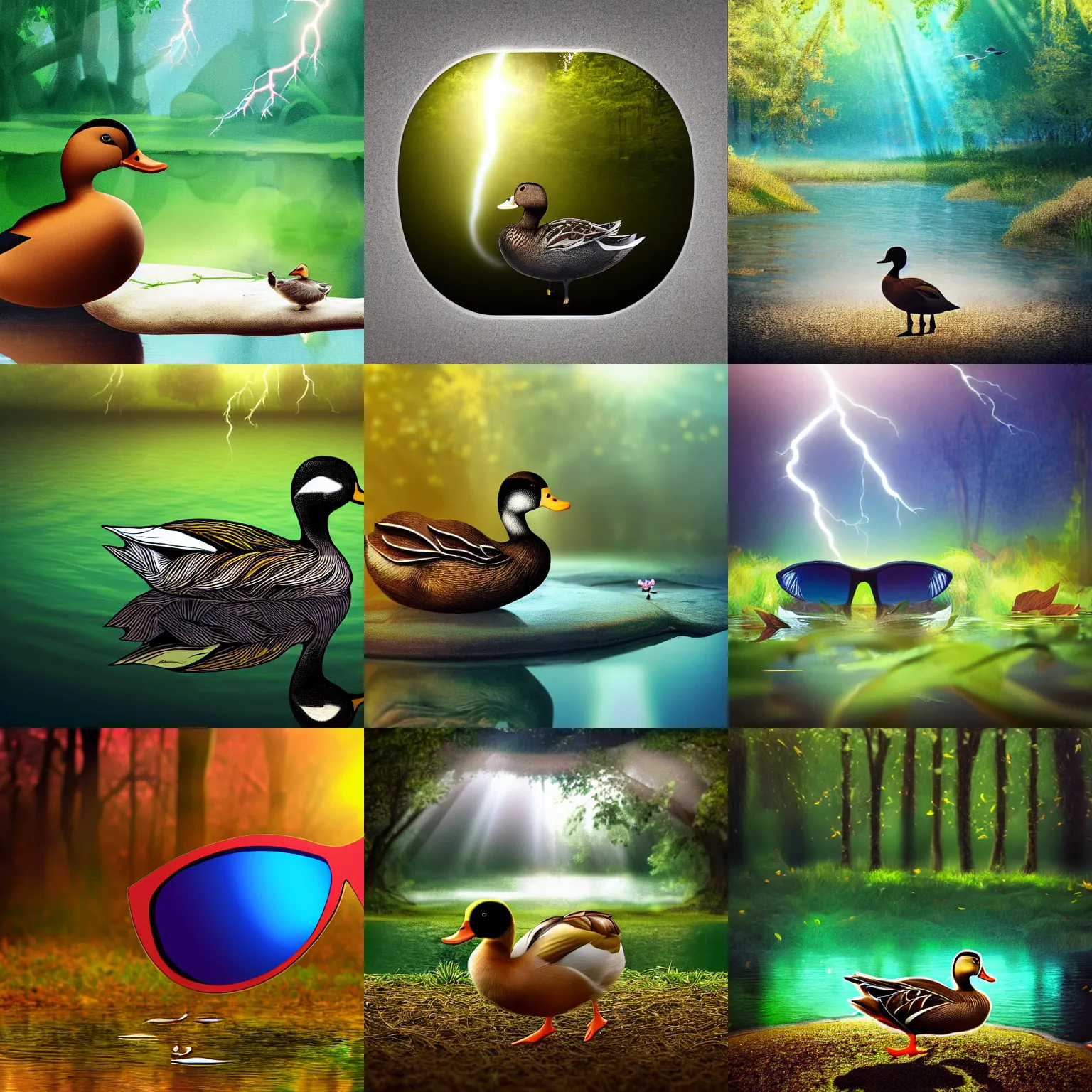 Prompt: digital art of a duck wearing cool sunglasses on a small pond with leaves blowing on wind and in forest, low depth field, dramatic lightning, sun flare, high - resolution, trending on artstation