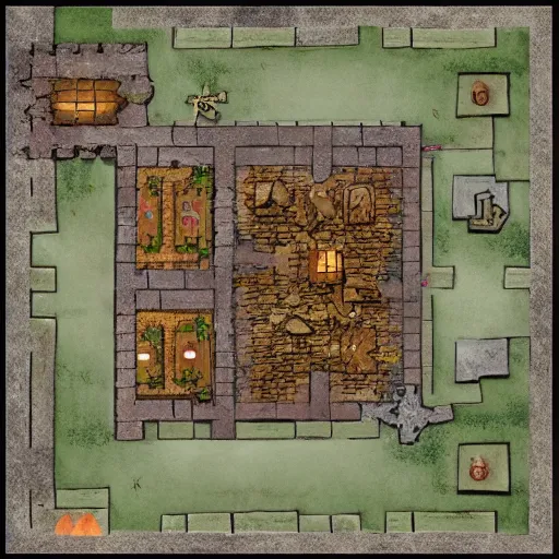 Image similar to D&D battlemap, village on fire, top down square grid