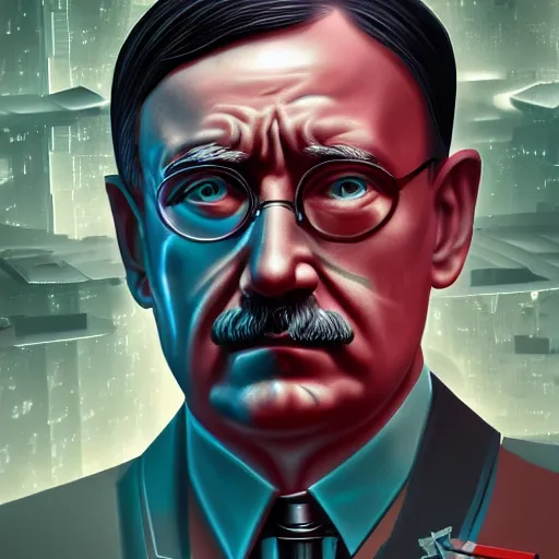 Image similar to cyberpunk adolf hitler as the leader of a futuristic communist nation, cybernetics, sharp lines, digital, artstation, colored in