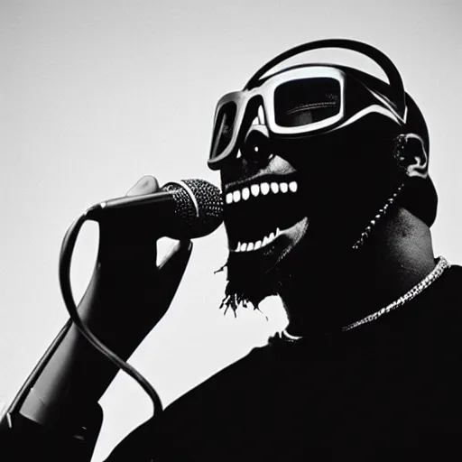 Prompt: rapper emcee mf doom screaming on the mic because the microphone is not working.