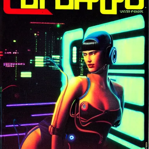 Image similar to cable plugged into cyberdeck, back of head, cyberpunk woman, computer, 1 9 7 9 omni magazine cover, style by vincent di fate, cyberpunk 2 0 2 0