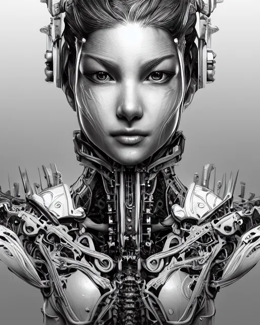 Prompt: portrait of stunning female biomechanical super soldier absurdly beautiful, gorgeous, elegant, an ultrafine hyperdetailed illustration by kim jung gi, irakli nadar, artgerm, intricate linework, octopath traveler, final fantasy, unreal engine 5 highly rendered, global illumination, radiant light