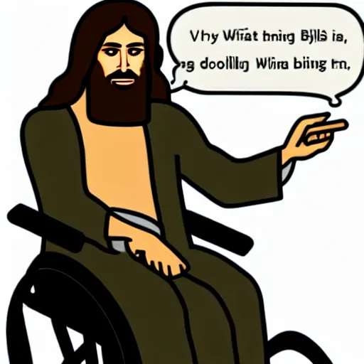 Image similar to jesus christ smoking a blunt, sitting in a wheelchair, biblically accurate