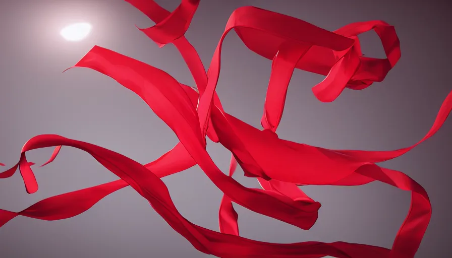 Image similar to red ribbons floating, cloth simulation, photorealistic rendering, volumetric lighting, octane, redshift, 4 k