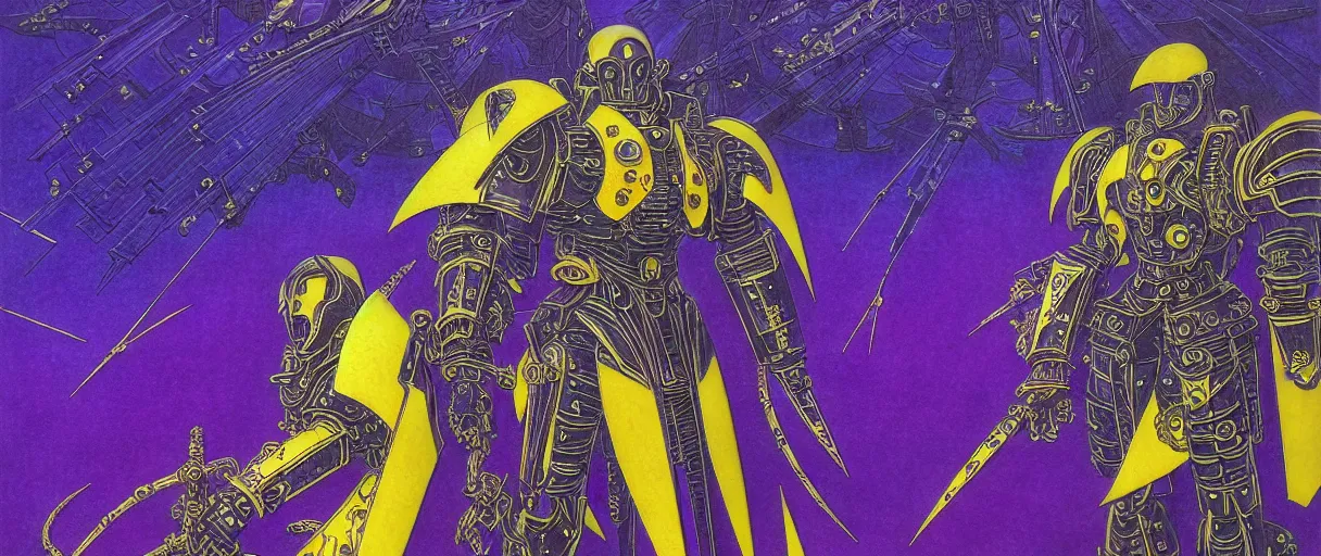 Prompt: composition gothic of and futuristic, warhammer, cyber japan style armor, scars, thunderstorm, blue, purple, yellow, many mechflowers, the middle ages, highly detailed, artstation, in the style of moebius, jugendstil and classic japanese print, art by max ernst, compositon by ene magritte