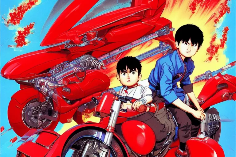 Image similar to Kaneda riding red futuristic Akira motorcycle in Neo Tokyo, created by Hideaki Anno + Katsuhiro Otomo +Rumiko Takahashi, Movie poster style, box office hit, a masterpiece of storytelling, (Akira 1988) highly detailed 8k