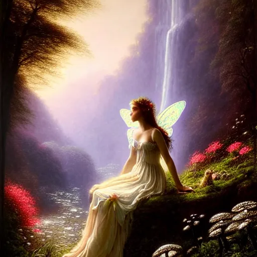 Prompt: highly detailed, an elegant fairy in a white lace dress sitting a in a enchanted scenery landscape, vast lush valley flowers and mushroom, waterfall, stream, sunrise, vivid color, soft clouds, cinematic lighting, perfect composition, 8 k, gustave dore, derek zabrocki, greg rutkowski, belsinski,