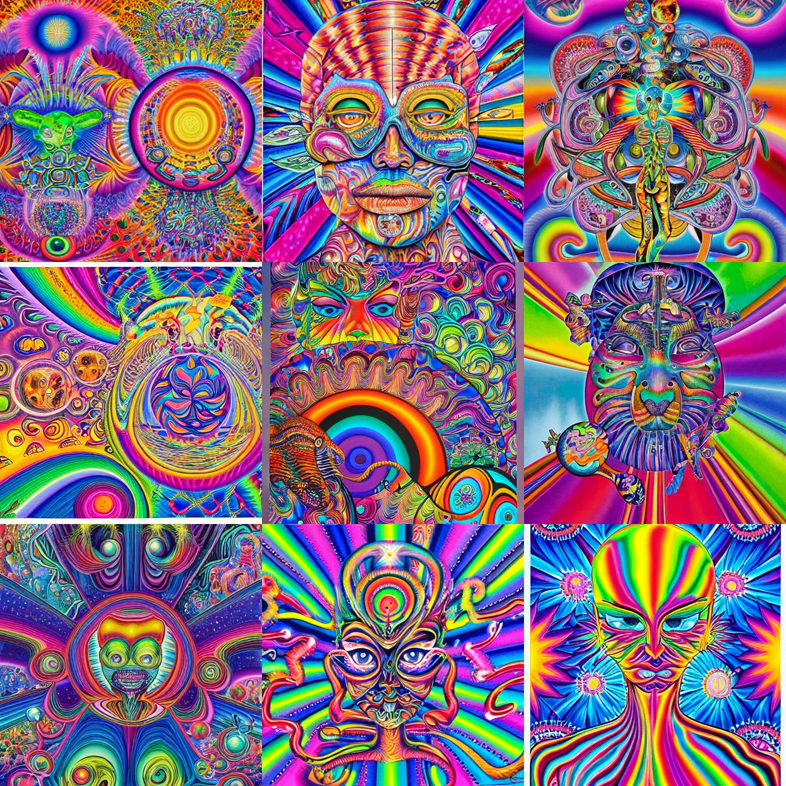Prompt: lisa frank painting by alex grey, android jones, chris dyer, and aaron brooks