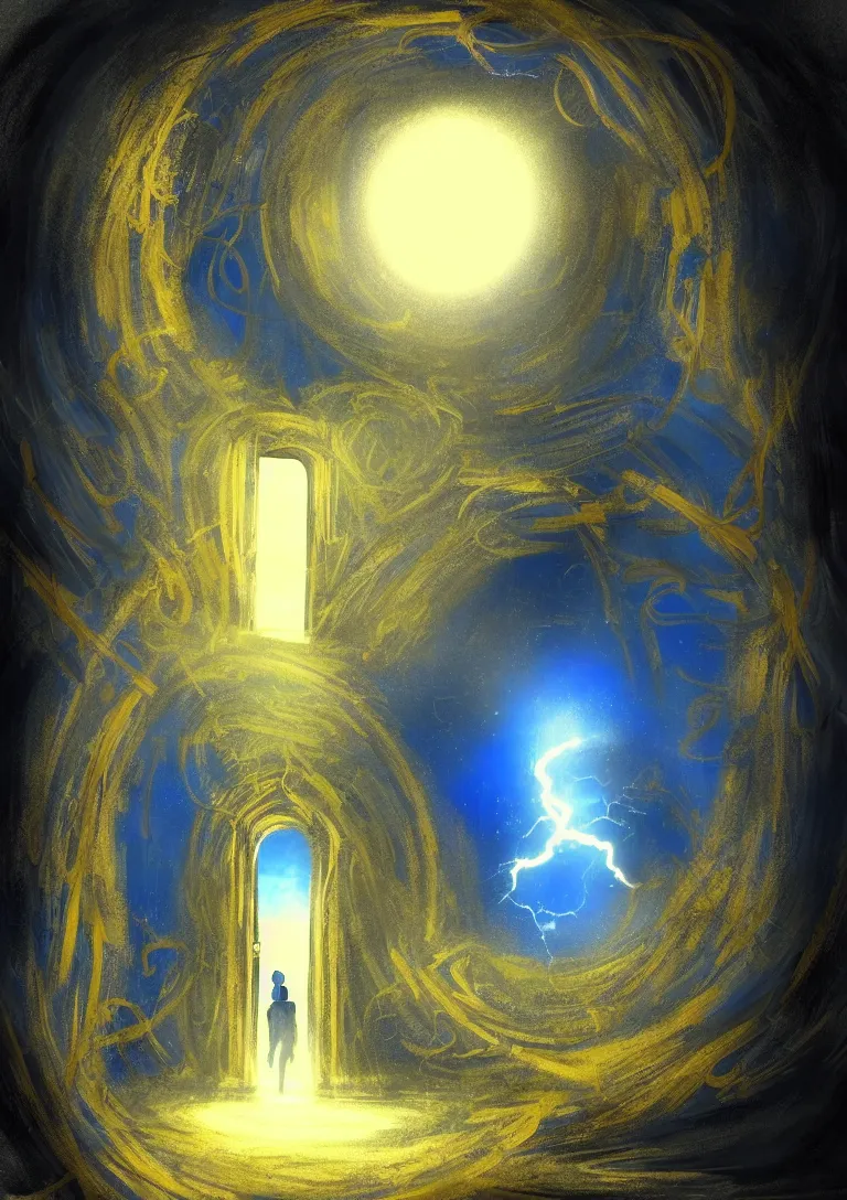 Image similar to The portal into his imagination. High concept art. Introspective. Blue black gold themed.