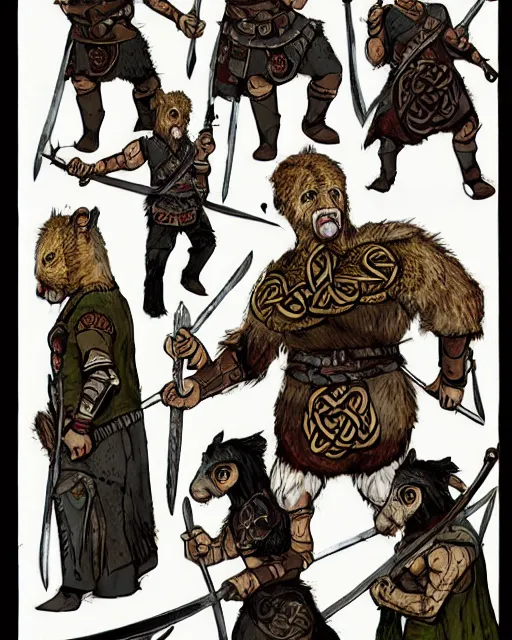 Image similar to full body character design reference art of Eoghaill of the Murine Hordes, a La Tene Culture Celtic chieftain and warrior, resplendent and proud of bearing, long black hair, hirstute and muscled, wielding a Celtic longsword. Has a rat familiar. high quality, high detail, realistic historical gouache illustration, in the style of: Angus McBride, Rebecca Guay, and Michael William Kaluta.