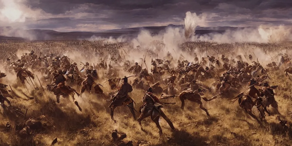 Image similar to wide - angle action shot from the battle of little bighorn ( 1 8 7 6 ), majestic action, cinematic lighting, dramatic lighting, hyperdetailed, artstation, cgsociety, 8 k, imax 7 0 mm