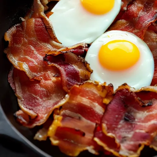 Image similar to bacon and eggs in pan, closeup, close angle, dramatic lighting