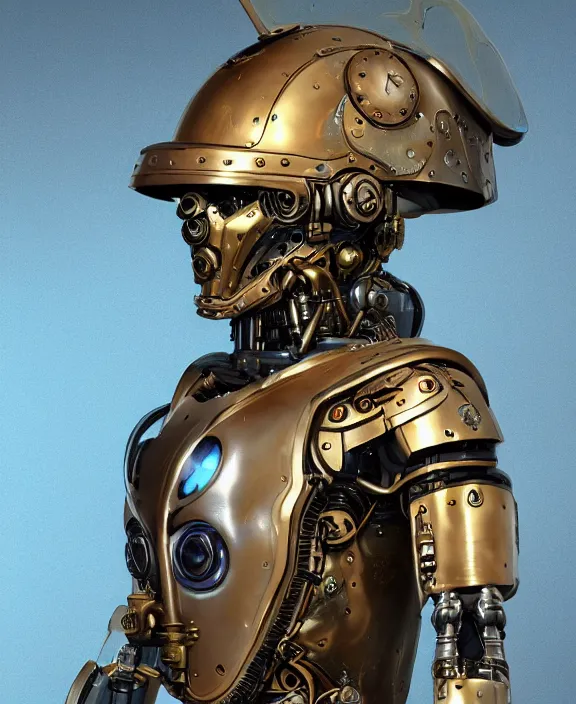 Image similar to a portrait of a cybernetic warrior with steampunk armour and a futuristic helmet with a cybernetic visor by Moebius, 4k resolution, photorealistic