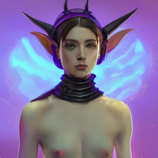 Image similar to A professional digital portrait painting of a young adult female tiefling with (skin that looks like fire), dressed in light armor, 4k, digital art, trending on cgsociety, highly detailed, paint by Wes Anderson, head and shoulders shot, shallow depth of field, purple and yellow lighting, professional lighting, airbrush, Hayao Miyazaki