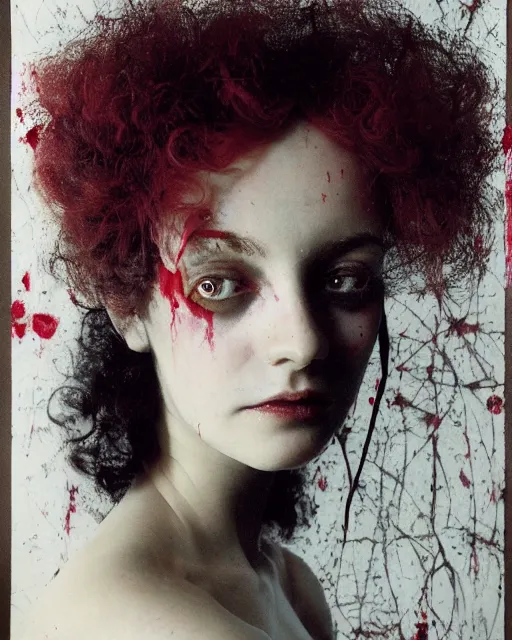 Prompt: a beautiful but sinister girl in layers of fear, with haunted eyes and curly hair, 1 9 7 0 s, seventies, floral wallpaper, delicate embellishments, a little blood, crimson, painterly, offset printing technique, by irving penn