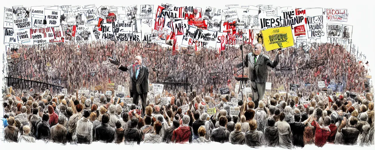 Image similar to an political caricature of politician at a podium surrounded by a crowd of angry protestors with signs, by gerald scarf and ralph steadman, illustration, ink drips, front angle, ink splatters, pen and ink, flat color, drawing, facing front, anatomically correct, beautiful perfect face, sharp focus, highly detailed, cinematic lighting, 8 k, hd