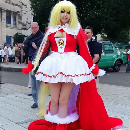 Image similar to alexander lukashenko wearing blonde longhaired wig in kawaii cosplay dress,