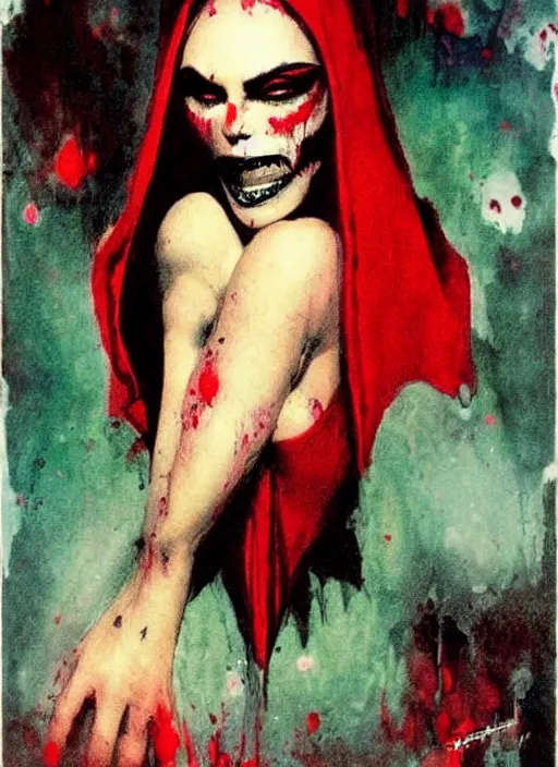 Image similar to portrait of svelt iranian vampiress, jeweled veil, strong line, saturated color, beautiful! coherent! by frank frazetta, high contrast, blood splatter background