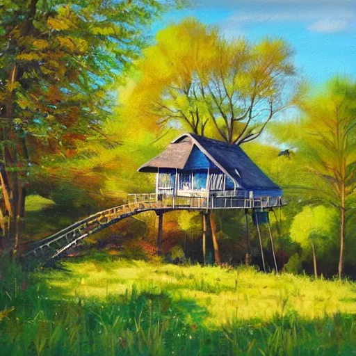 Image similar to treehouse in the countryside on a sunny day, peaceful, dreamy, brush strokes, oil painting