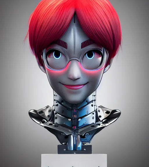 Prompt: manga Pixar anime cyborg girl smiling bust portrait detailed rendering realistic 3d hd key visual official media with frank Miller Alex Ross giger style trending pixiv