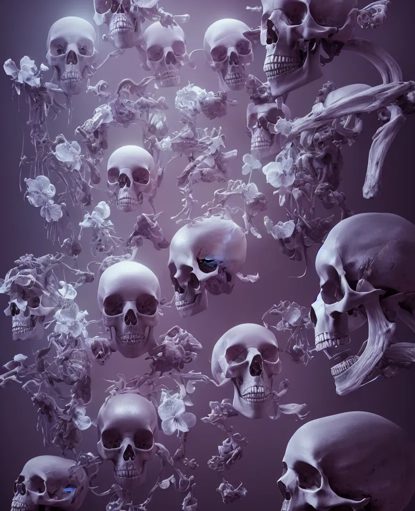 Image similar to composition of human skulls, animals skulls, bones, rib-cage and orchids, bioluminiscent, by Tooth Wu and wlop and beeple. octane render, trending on artstation, greg rutkowski very coherent symmetrical artwork. cinematic, hyper realism, high detail, octane render, 8k