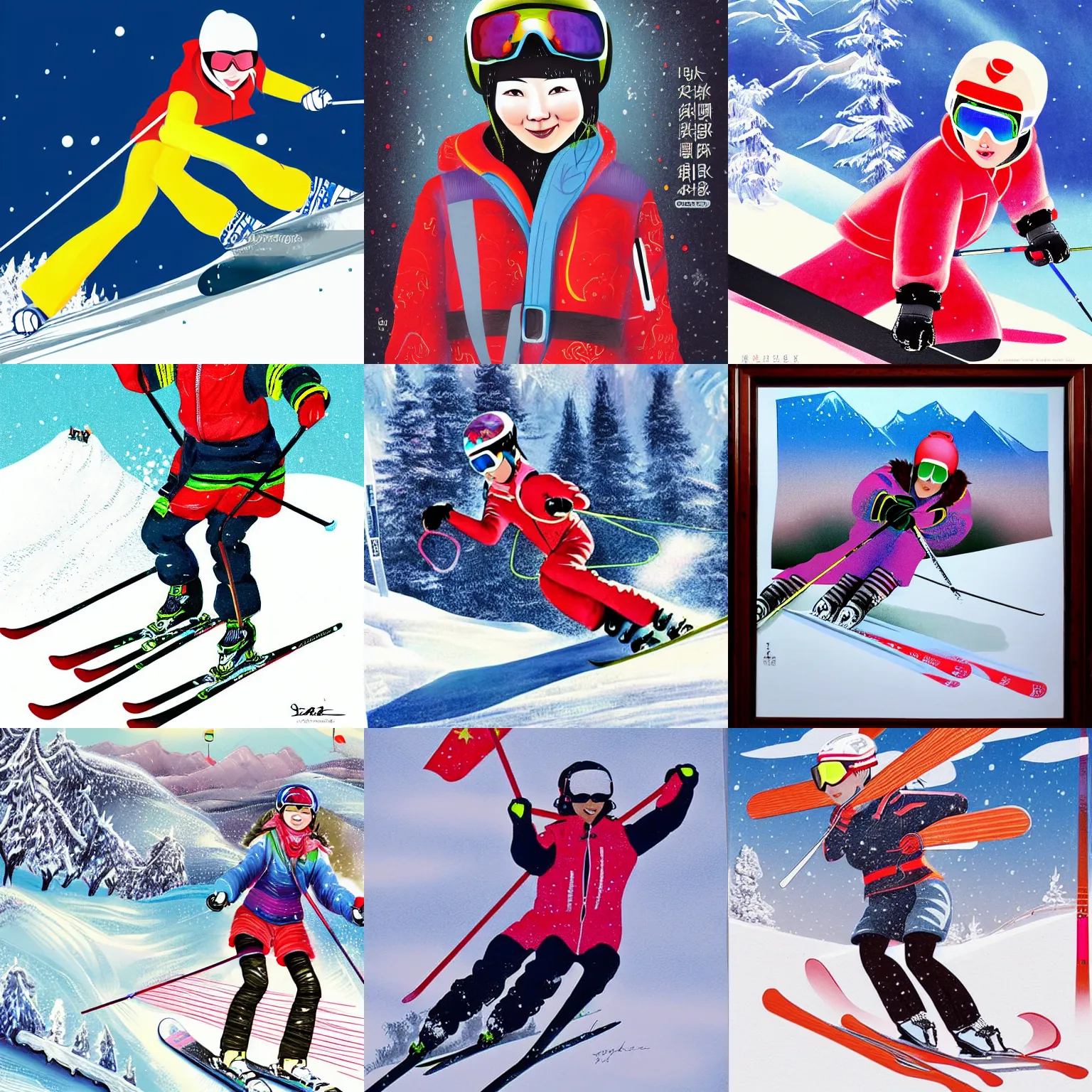 Prompt: beautiful Chinese girl skiing, highly detailed, award winning illustration