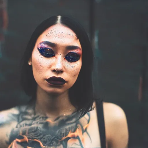 Image similar to Cinestill 50d candid photography of a city on fire, a techwear mixed woman wearing thick mascara and dark glitter makeup crying outside of a city on fire, tattoos, long shot, wide shot, full shot, blurry, 4k, 8k, hd, full color