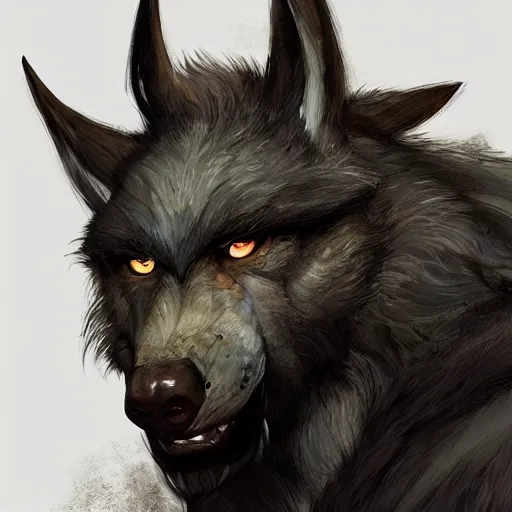 Image similar to 3/4 headshot of cute werewolf, D&D, handsome, fantasy, intricate, long snout, donkey ears, fursona, black hair, elegant, highly detailed, digital painting, artstation, concept art, smooth, sharp focus, illustration, art by artgerm and greg rutkowski and alphonse mucha