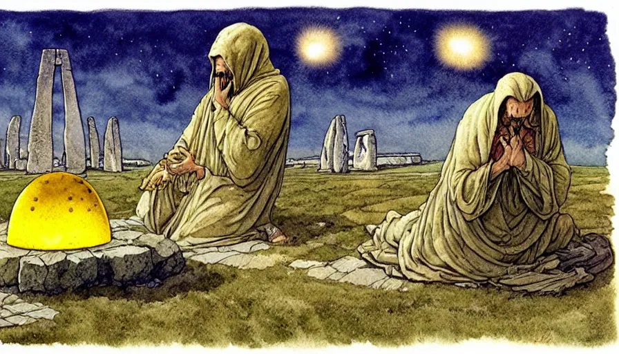 Image similar to a realistic and atmospheric watercolour fantasy concept art of a golden ufo landing on top of stonehenge. a giant medieval monk in grey robes on his knees praying. muted colors. by rebecca guay, michael kaluta, charles vess and jean moebius giraud