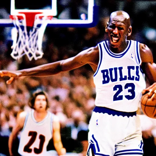 Prompt: film still of Micheal Jordan playing against Luka Doncic on a basketball court, 8k