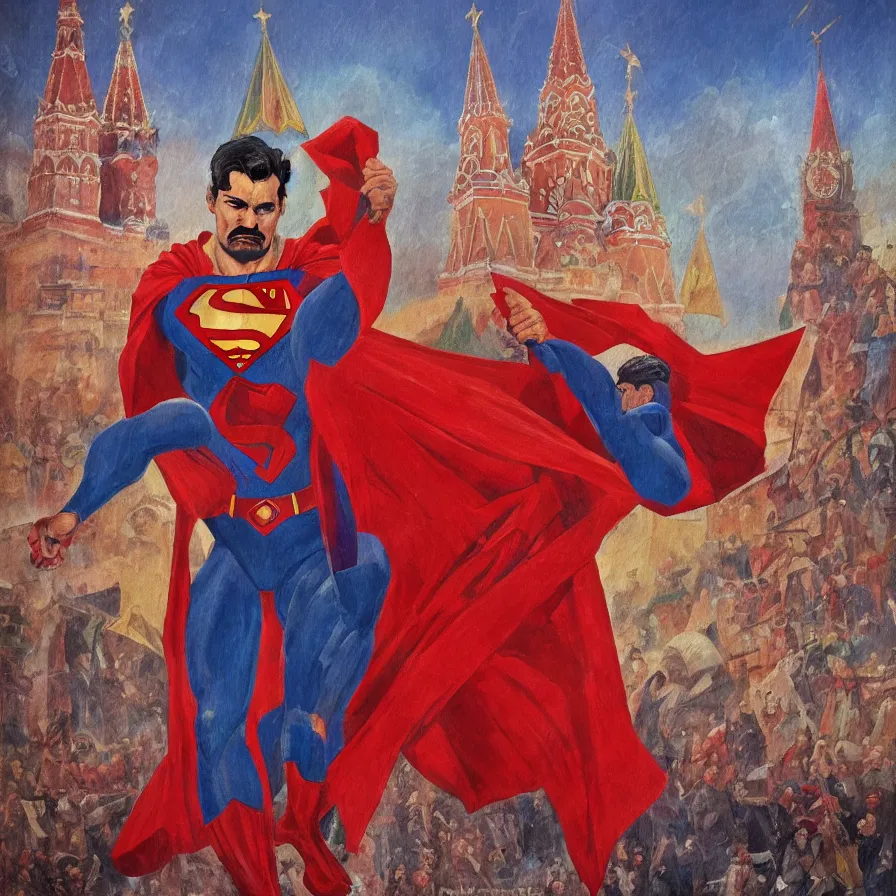 Image similar to stalin as superman red son standing triumphantly in the red square ( moscow ), socialist realism, oil painting masterpiece, photorealistic, detailed picture, intricate digital art, trending artstation, rich moody colors, fan art, concept art, artgem, 8 k ultra high definition