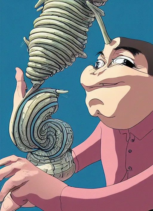 Image similar to caricature picture of a human snail, professionally color graded, unique, interesting angle, sharp focus, 8 k high definition, insanely detailed, intricate, funny, art by jacob shaw and studio ghibli