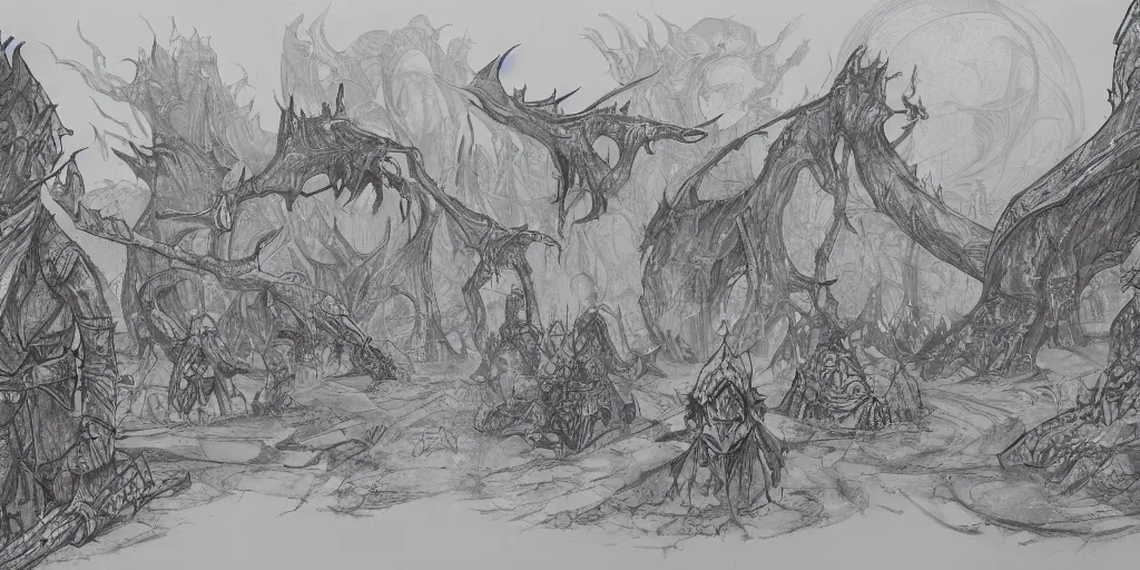 Prompt: concept artwork for a fantasy world, drawn by luke adam hawker, sketches, pencil drawings, ink and pen.