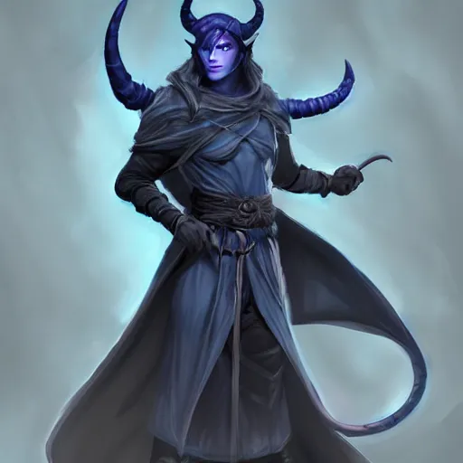 Prompt: D&D character concept art of a cloaked tiefling, tiefling rogue, blue skin color with short horns on head and a devil tail, fighting pose of a Rogue holding daggers, black cloak hidden in shadows, full body pose, soft colors, fantasy, intricate, elegant, highly detailed, digital painting, artstation, concept art, smooth, perfect face, sharp focus, illustration, wide angle shot, full body visible, art by artgerm and H R Giger and alphonse mucha