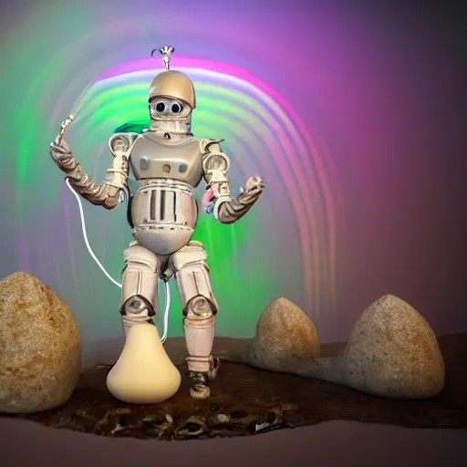 Image similar to 3 d render of light white rainbow medieval armour, waterfall, cybernetic mushroom people, tamborine, salt shaker, happy friend, fire, lamps, aurora, rave, isolate, wizard, ramen, wires, robot, money, corporate, business, pleading artstation hq, artstation hd, fantasy