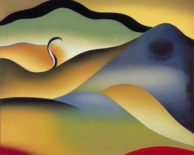 Image similar to An insane, modernist landscape painting. Wild energy patterns rippling in all directions. Curves, organic, zig-zags. Saturated color. Mountains. Clouds. Rushing water. Georgia O'Keeffe. Zao Wou-ki. Yves Tanguy.