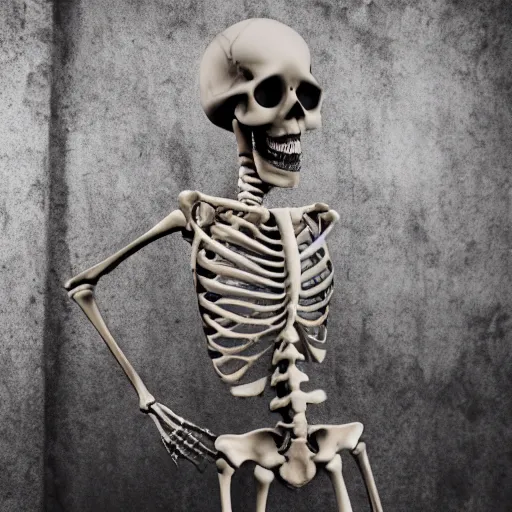 Prompt: a skeleton dancing without a care, artistic photography, f stop, iso, gray dungeon background, very realistic