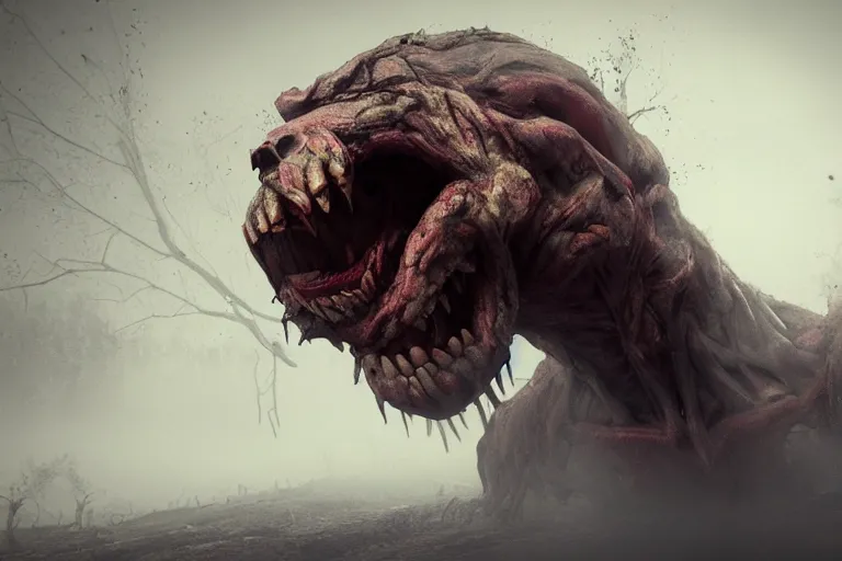 Image similar to a giant screaming behemoth made of muscles and flesh, very angry, misty, foggy, teeth, ambient light, terror, glows, realistic, photo-realism, hyper realism, picture, detailed, 3D render, scary, terror, distant shot, in the distance,