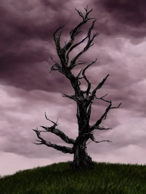 Prompt: photo of 8k ultra realistic lone dead tree on hill surrounded by swirling clouds and lighting, dark, menacing, full of colour, cinematic lighting, battered, trending on artstation, 4k, hyperrealistic, focused, extreme details,unreal engine 5, cinematic, masterpiece, art by Studio Ghibli