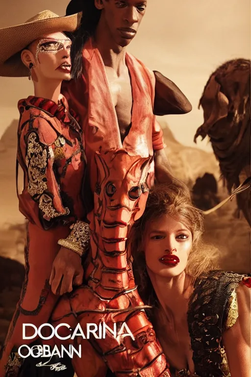 Image similar to dolce & gabbana campaign featuring jar jar binks as a female cowgirl, long eyeslashes, huge juicy lips, big seductive eyes, shot by mario testino, realistic vfx simulation