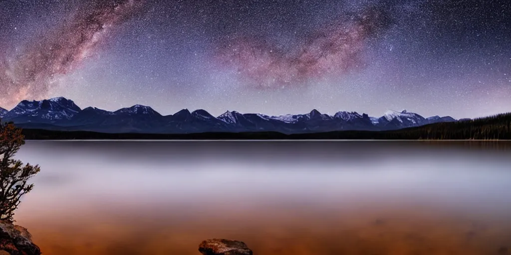 Prompt: beautiful nighttime landscape photography of the Rocky Mountains with a crystal blue lake, hyper detailed milky way galaxy sky, serene, dramatic lighting, hyperrealist reflections on the water surface, wide angle lens