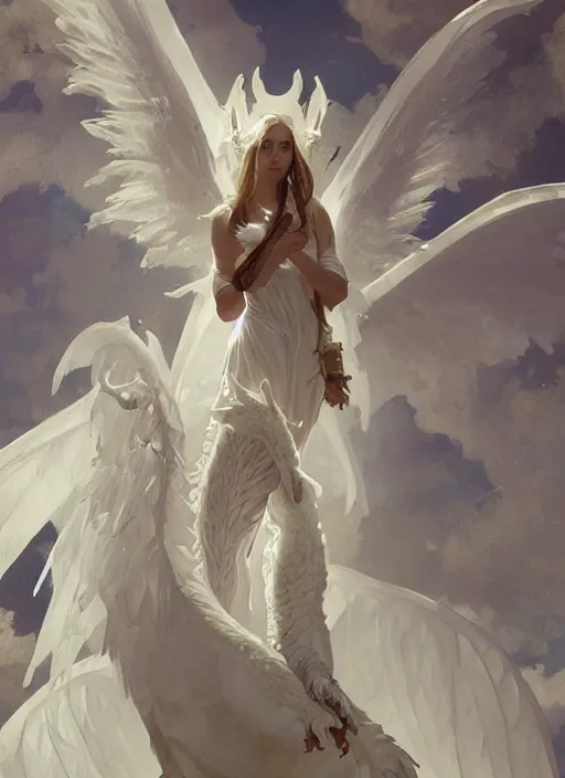 Prompt: an angelic white dragon, highly detailed, digital painting, artstation, concept art, sharp focus, illustration, art by greg rutkowski and alphonse mucha