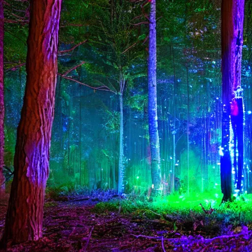 Image similar to blue glowing jello mushrooms in a mystical forest, firefly exposure trails in foreground, high detail