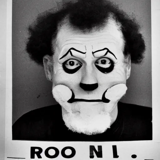 Image similar to ronald mcdonald mugshot in the newspaper, black and white newspaper, headline mugshot image of ronald mcdonald clown, clown mugshot, old fashioned photograph, criminal mugshot