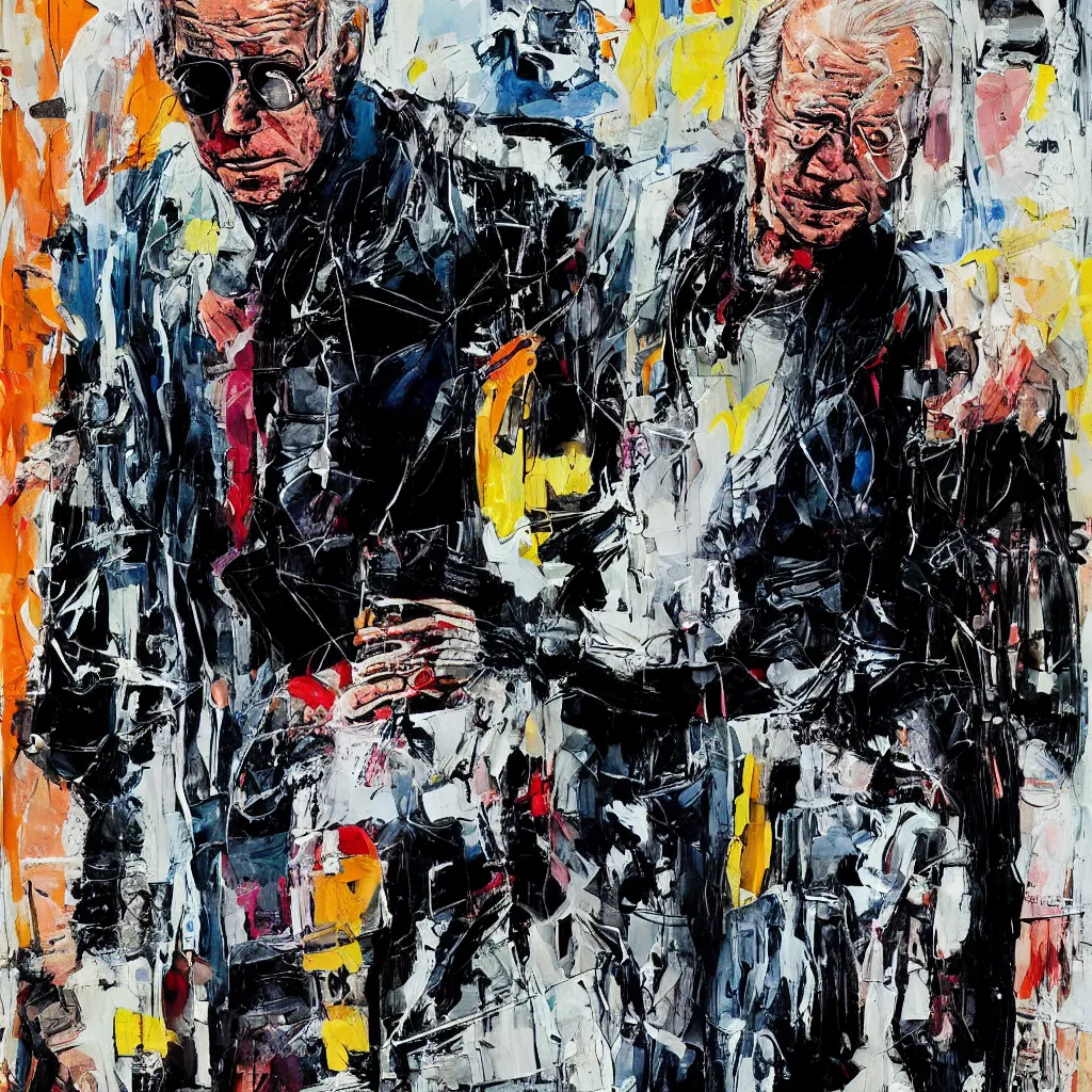 Image similar to Joe Biden full body portrait, Techwear, Cyberpunk, painting by Ralph Steadman, Francis Bacon, Hunter S Thompson