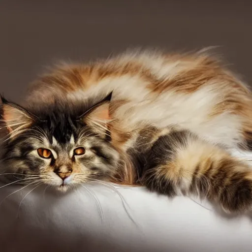 Prompt: very cute huge giant large calico main coon on tiny bed, stunning eyes, top-down perspective, cinematic lighting, award winning creature photography